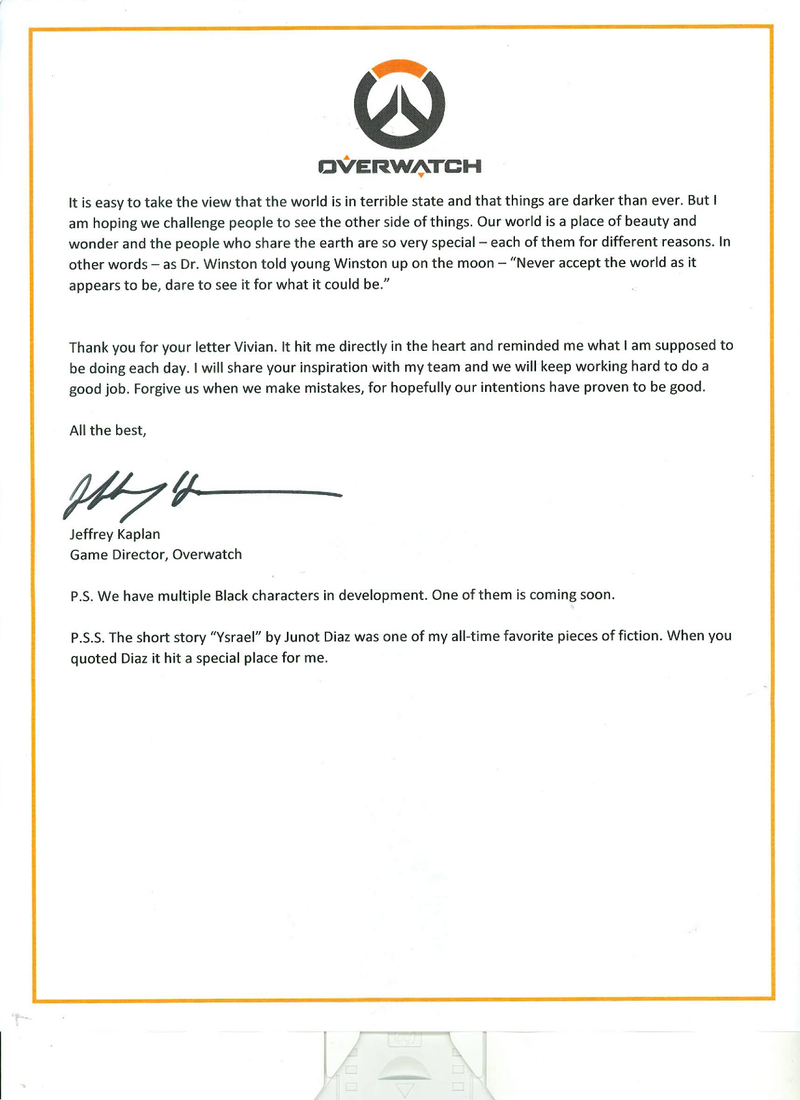 Illustration for article titled Overwatch Fan's Letter To Jeff Kaplan About Black Women Gets Heartfelt Response